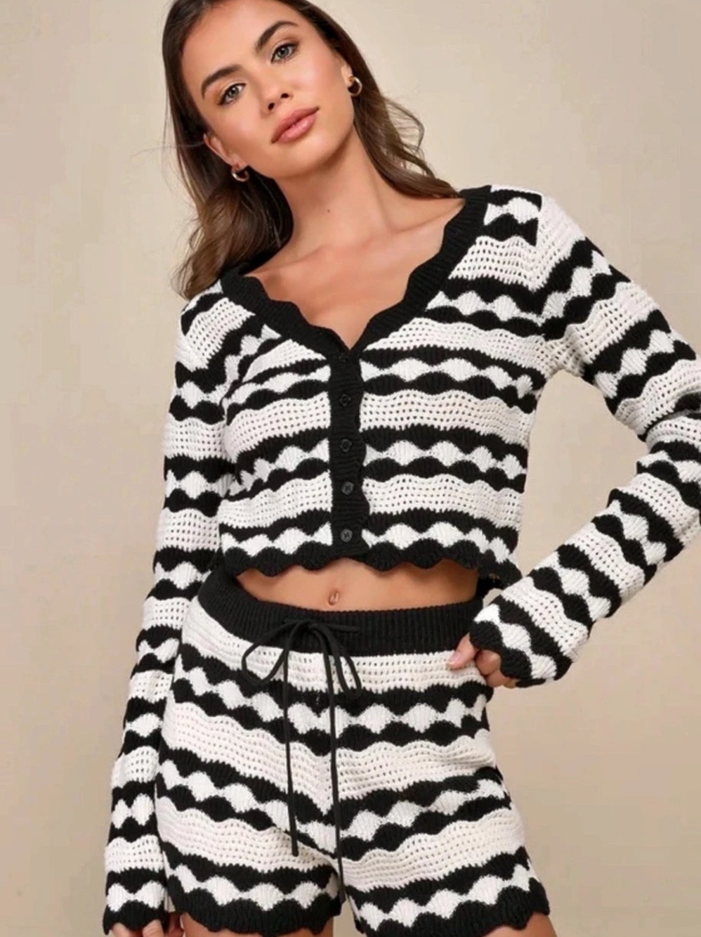 Lulus Stylish Bliss Ivory Black Striped Crochet Cardigan Size 4